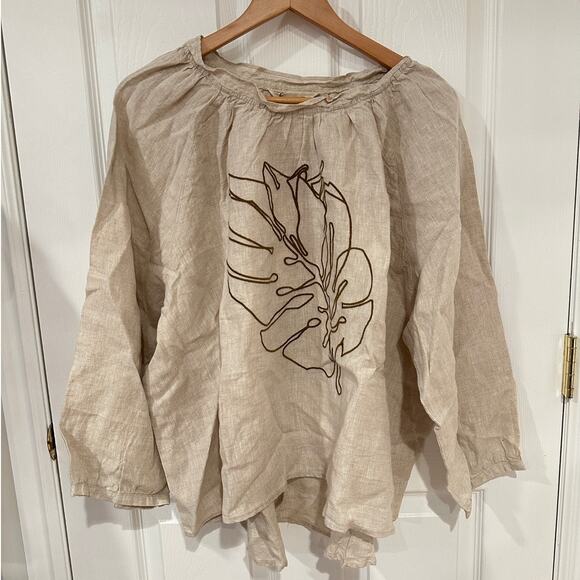 Buykud 2XL Linen Blouse Beige Long Sleeve Embroidered Leaf Oversized Boho Top - Picture 1 of 10
